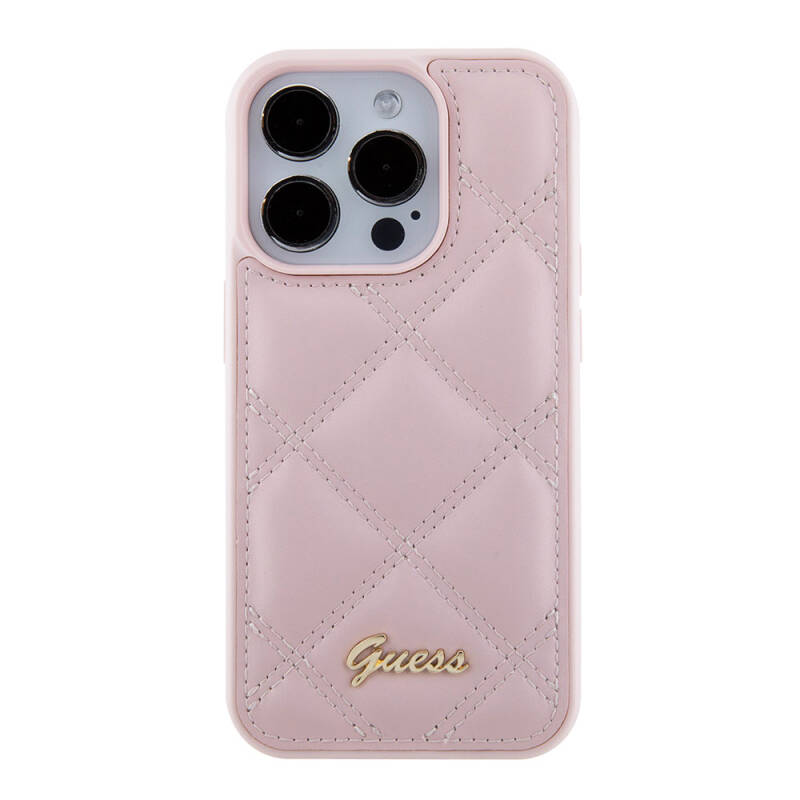 Apple iPhone 15 Pro Case Guess Original Licensed PU Leather Metal Text Logo Quilted Cover - 19