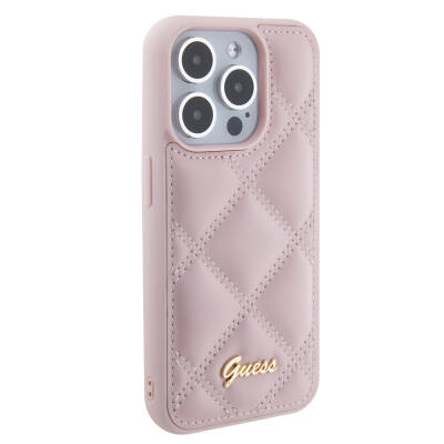 Apple iPhone 15 Pro Case Guess Original Licensed PU Leather Metal Text Logo Quilted Cover - 24