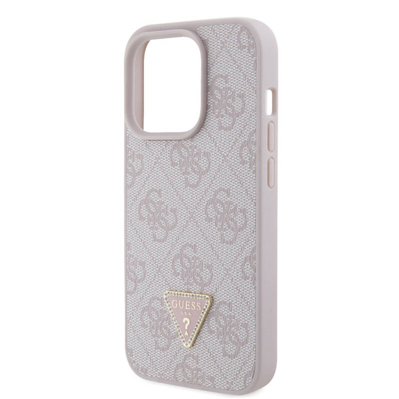 Apple iPhone 15 Pro Case Guess Original Licensed PU Leather Stoned Triangle Logo 4G Patterned Strass Cover - 5