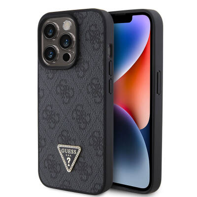 Apple iPhone 15 Pro Case Guess Original Licensed PU Leather Stoned Triangle Logo 4G Patterned Strass Cover - 9