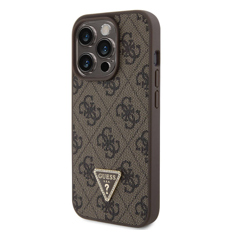 Apple iPhone 15 Pro Case Guess Original Licensed PU Leather Stoned Triangle Logo 4G Patterned Strass Cover - 18