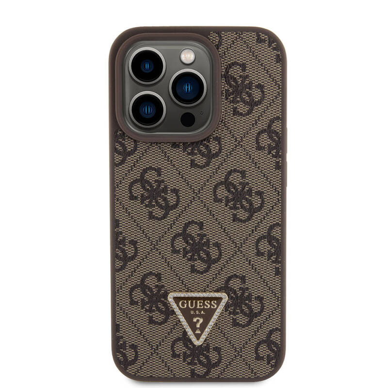 Apple iPhone 15 Pro Case Guess Original Licensed PU Leather Stoned Triangle Logo 4G Patterned Strass Cover - 19