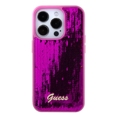 Apple iPhone 15 Pro Case Guess Original Licensed Sequin Back Surface Metal Text Logo Sequin Script Cover - 4