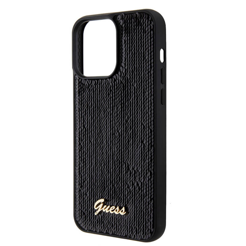 Apple iPhone 15 Pro Case Guess Original Licensed Sequin Back Surface Metal Text Logo Sequin Script Cover - 15