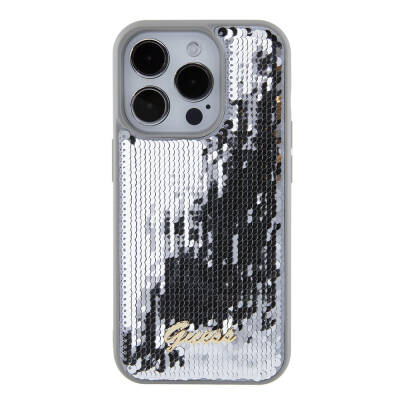 Apple iPhone 15 Pro Case Guess Original Licensed Sequin Back Surface Metal Text Logo Sequin Script Cover - 20