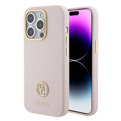 Apple iPhone 15 Pro Case Guess Original Licensed Text and Stoned 4G Logo Metal Camera Frame Silicone Cover - 1