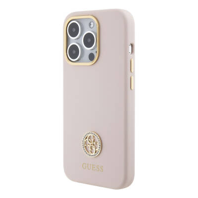 Apple iPhone 15 Pro Case Guess Original Licensed Text and Stoned 4G Logo Metal Camera Frame Silicone Cover - 2