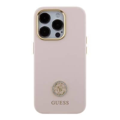 Apple iPhone 15 Pro Case Guess Original Licensed Text and Stoned 4G Logo Metal Camera Frame Silicone Cover - 3