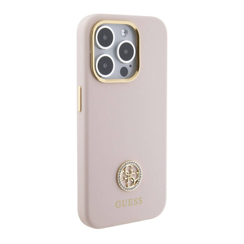 Apple iPhone 15 Pro Case Guess Original Licensed Text and Stoned 4G Logo Metal Camera Frame Silicone Cover - 4