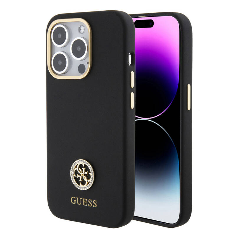 Apple iPhone 15 Pro Case Guess Original Licensed Text and Stoned 4G Logo Metal Camera Frame Silicone Cover - 1