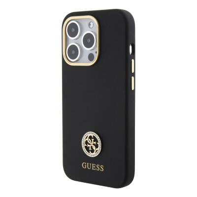 Apple iPhone 15 Pro Case Guess Original Licensed Text and Stoned 4G Logo Metal Camera Frame Silicone Cover - 3