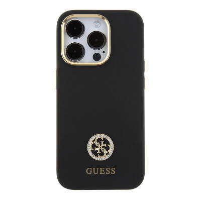 Apple iPhone 15 Pro Case Guess Original Licensed Text and Stoned 4G Logo Metal Camera Frame Silicone Cover - 4