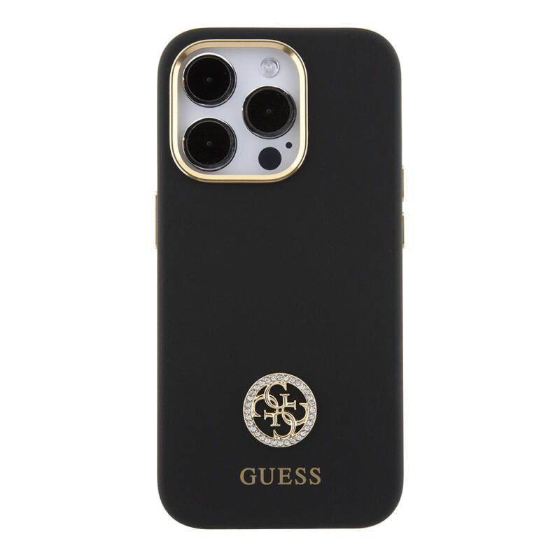 Apple iPhone 15 Pro Case Guess Original Licensed Text and Stoned 4G Logo Metal Camera Frame Silicone Cover - 4