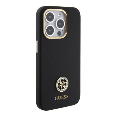 Apple iPhone 15 Pro Case Guess Original Licensed Text and Stoned 4G Logo Metal Camera Frame Silicone Cover - 5