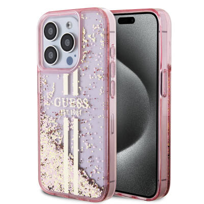 Apple iPhone 15 Pro Case Guess Original Licensed Transparent Liquid Glitter Gold Striped Cover - 1