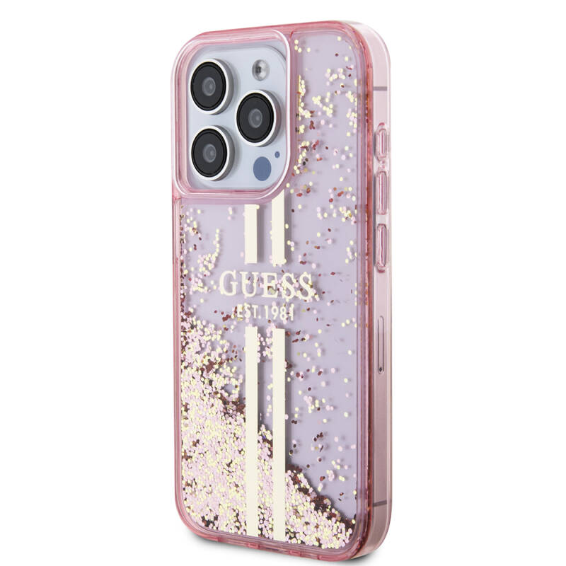 Apple iPhone 15 Pro Case Guess Original Licensed Transparent Liquid Glitter Gold Striped Cover - 2