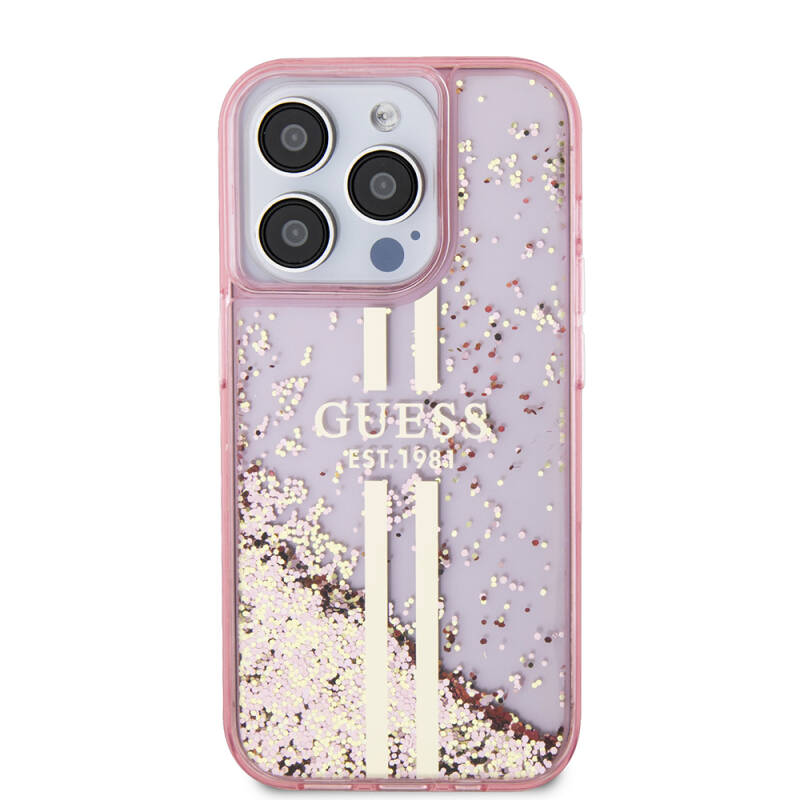 Apple iPhone 15 Pro Case Guess Original Licensed Transparent Liquid Glitter Gold Striped Cover - 3