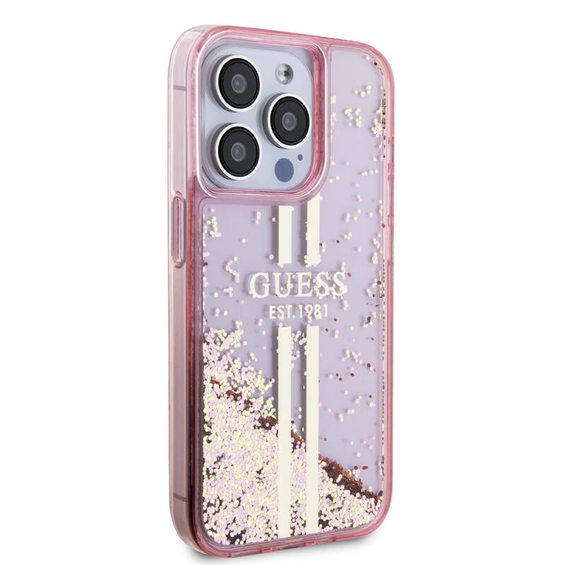 Apple iPhone 15 Pro Case Guess Original Licensed Transparent Liquid Glitter Gold Striped Cover - 4