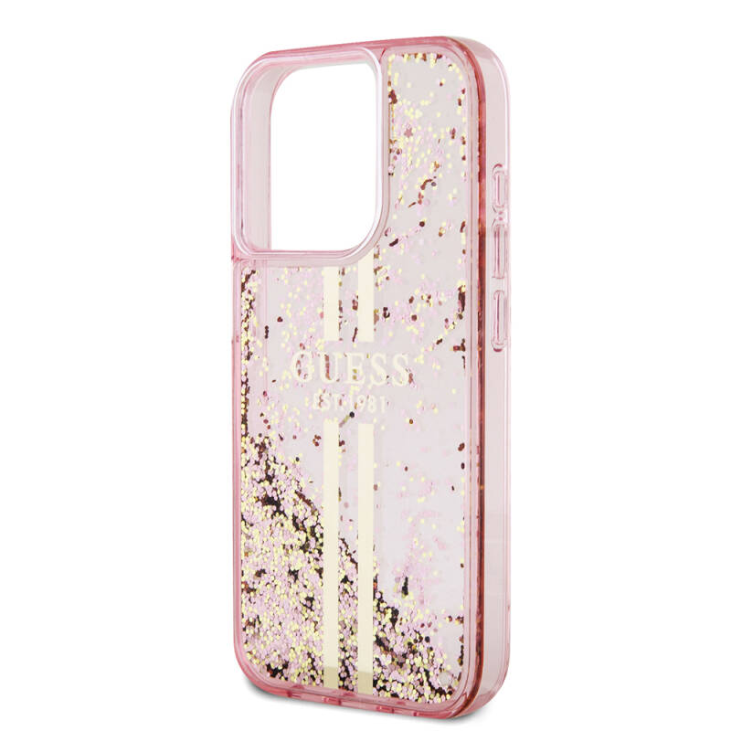 Apple iPhone 15 Pro Case Guess Original Licensed Transparent Liquid Glitter Gold Striped Cover - 6