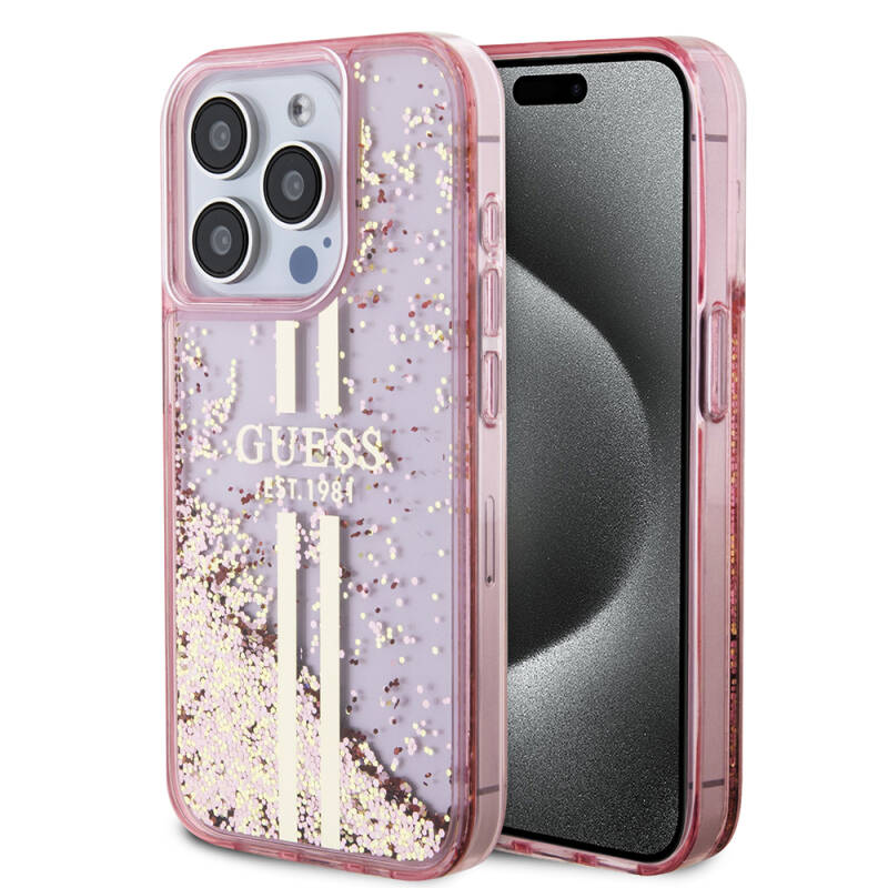 Apple iPhone 15 Pro Case Guess Original Licensed Transparent Liquid Glitter Gold Striped Cover - 9