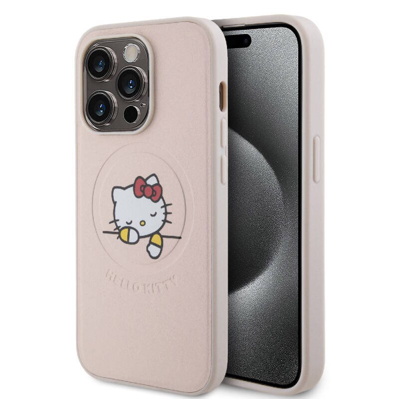 Apple iPhone 15 Pro Case Hello Kitty Original Licensed Magsafe Charging Feature and Printing Sleeping Kitty Logo Leather Cover - 1