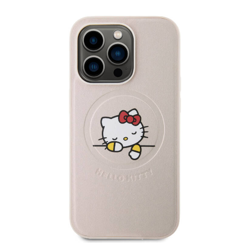 Apple iPhone 15 Pro Case Hello Kitty Original Licensed Magsafe Charging Feature and Printing Sleeping Kitty Logo Leather Cover - 3