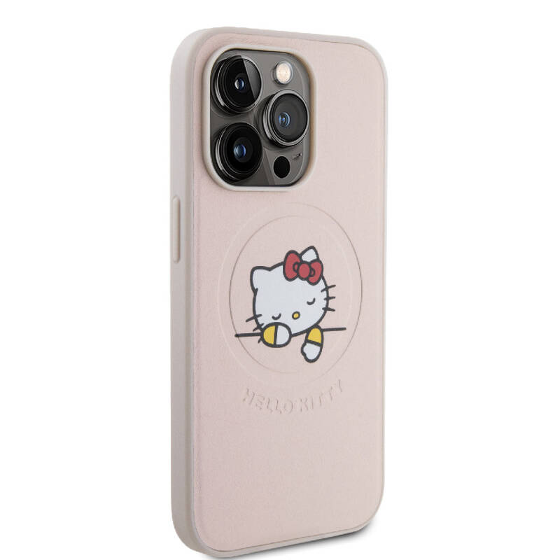 Apple iPhone 15 Pro Case Hello Kitty Original Licensed Magsafe Charging Feature and Printing Sleeping Kitty Logo Leather Cover - 4