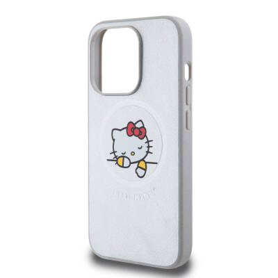 Apple iPhone 15 Pro Case Hello Kitty Original Licensed Magsafe Charging Feature and Printing Sleeping Kitty Logo Leather Cover - 14