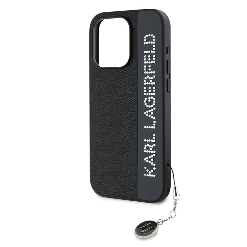 Apple iPhone 15 Pro Case Karl Lagerfeld Original Licensed Keychain with Stone KL Written Saffiano Rhinestones Cover - 2