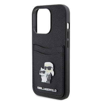 Apple iPhone 15 Pro Case Karl Lagerfeld Original Licensed Metal Logo Card Holder Saffiano Cover - 5