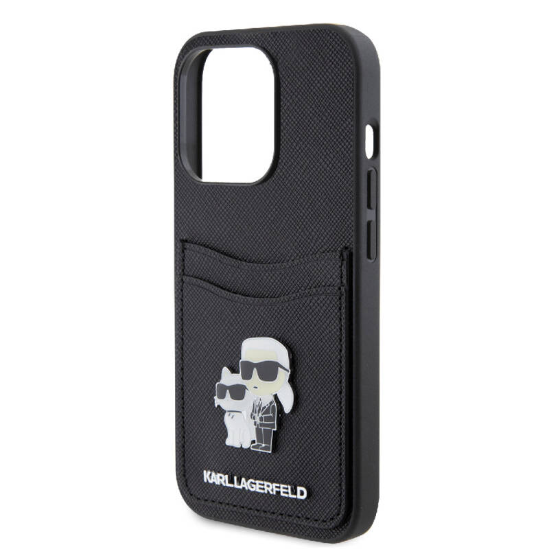 Apple iPhone 15 Pro Case Karl Lagerfeld Original Licensed Metal Logo Card Holder Saffiano Cover - 5