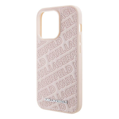 Apple iPhone 15 Pro Case Karl Lagerfeld Original Licensed Metal Text Logo Stitched Back Surface Quilted Cover - 10