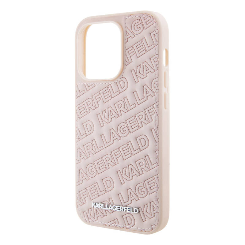 Apple iPhone 15 Pro Case Karl Lagerfeld Original Licensed Metal Text Logo Stitched Back Surface Quilted Cover - 10