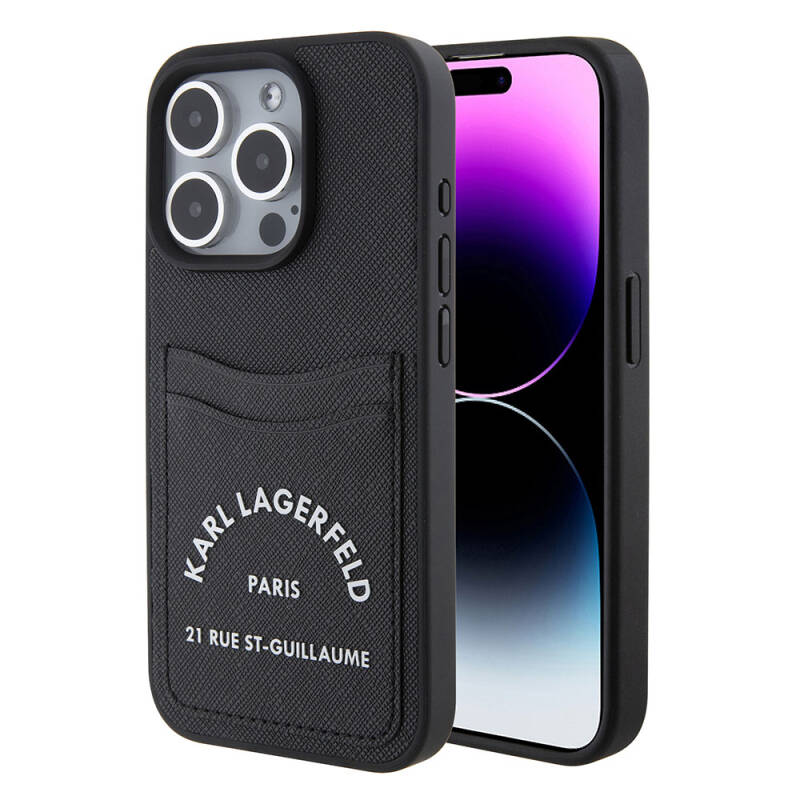 Apple iPhone 15 Pro Case Karl Lagerfeld Saffiano 3D RSG Logo Original Licensed Cover with Card Holder - 1