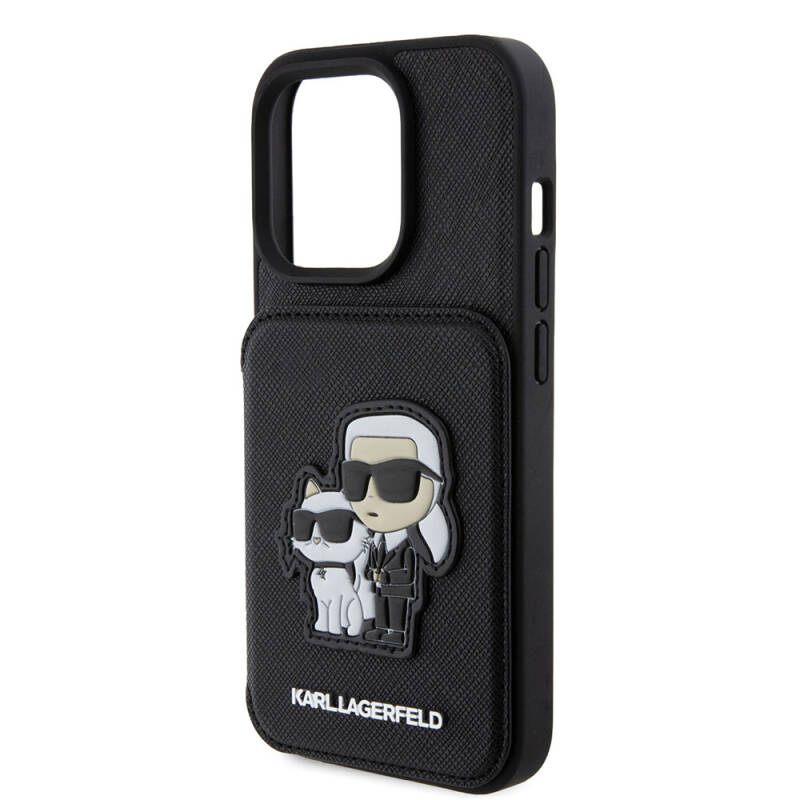 Apple iPhone 15 Pro Case Karl Lagerfeld Stand Card Holder Saffiano K&C Metal Logo Original Licensed Cover - 5