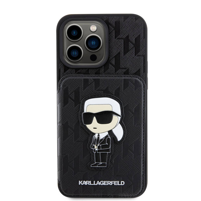 Apple iPhone 15 Pro Case Karl Lagerfeld Stand Card Holder Saffiano Monogram Iconic Metal Logo Original Licensed Cover - 4