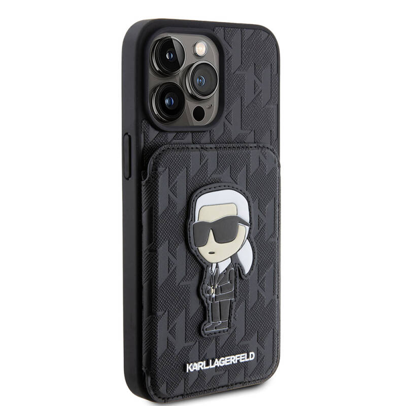 Apple iPhone 15 Pro Case Karl Lagerfeld Stand Card Holder Saffiano Monogram Iconic Metal Logo Original Licensed Cover - 9