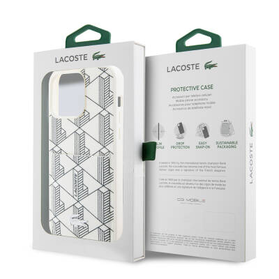 Apple iPhone 15 Pro Case Lacoste Original Licensed Magsafe Charging Featured PU Leather Look Mixed Monogram Patterned Cover with Card Holder - 17