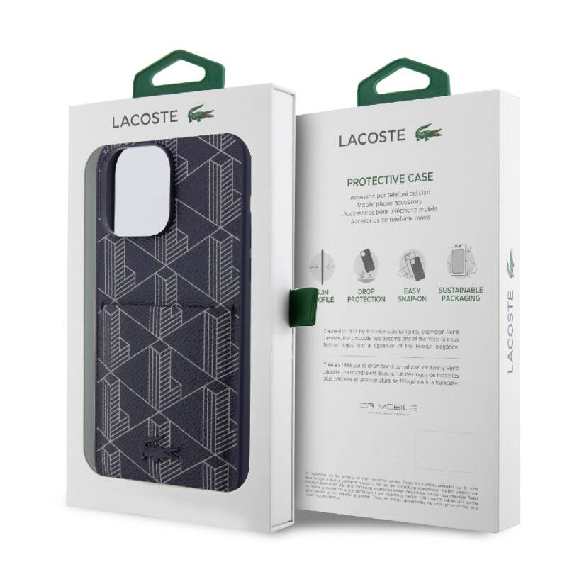 Apple iPhone 15 Pro Case Lacoste Original Licensed Magsafe Charging Featured PU Leather Look Mixed Monogram Patterned Cover with Card Holder - 25