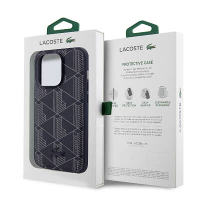 Apple iPhone 15 Pro Case Lacoste Original Licensed Magsafe PU Leather Appearance Mixed Monogram Patterned Cover with Charging Feature - 7