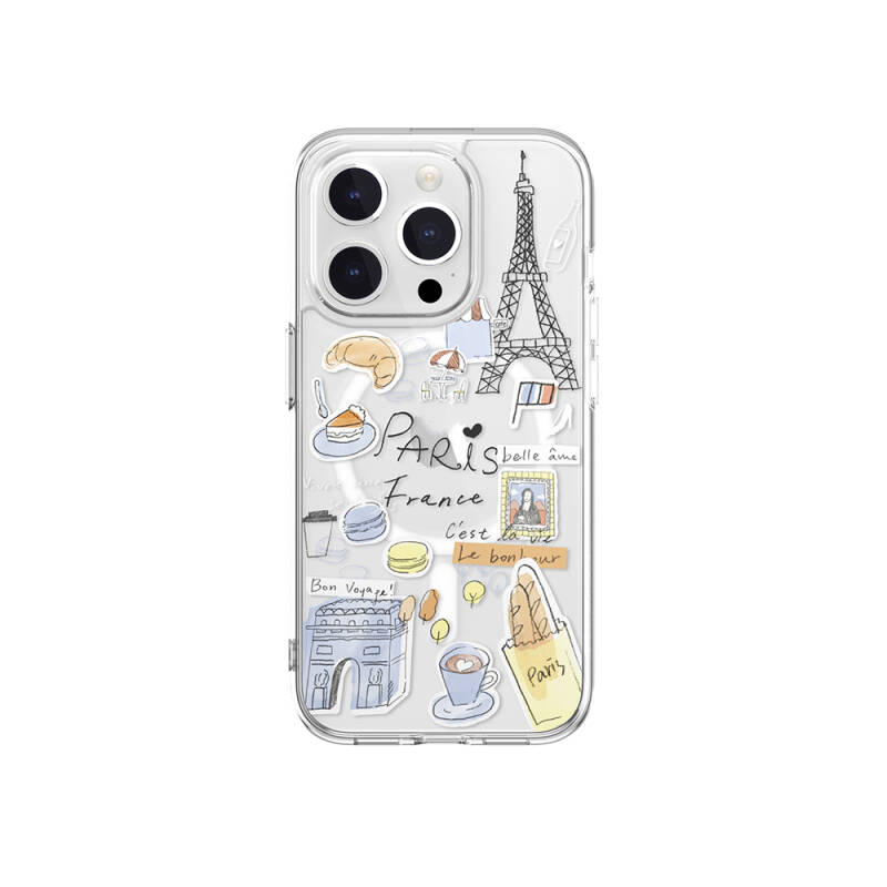 Apple iPhone 15 Pro Case Magsafe Charging Featured Drawing Patterned Shock Preventive Transparent Licensed Switcheasy City-M Paris Cover - 1