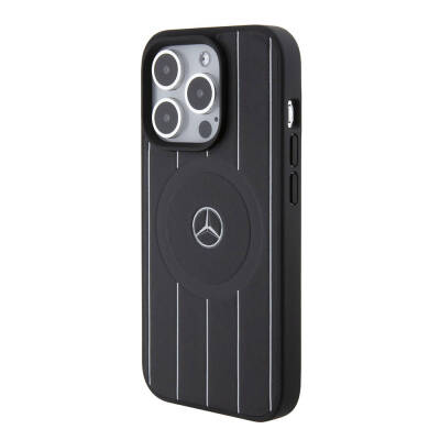 Apple iPhone 15 Pro Case Mercedes Benz Original Licensed Magsafe Charge Parallel Line Patterned Leather Printing Logo Cover - 2