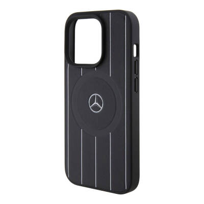 Apple iPhone 15 Pro Case Mercedes Benz Original Licensed Magsafe Charge Parallel Line Patterned Leather Printing Logo Cover - 6