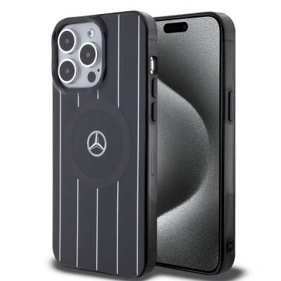 Apple iPhone 15 Pro Case Mercedes Benz Original Licensed Magsafe Double Layer Parallel Line Patterned Charge Cover - 10