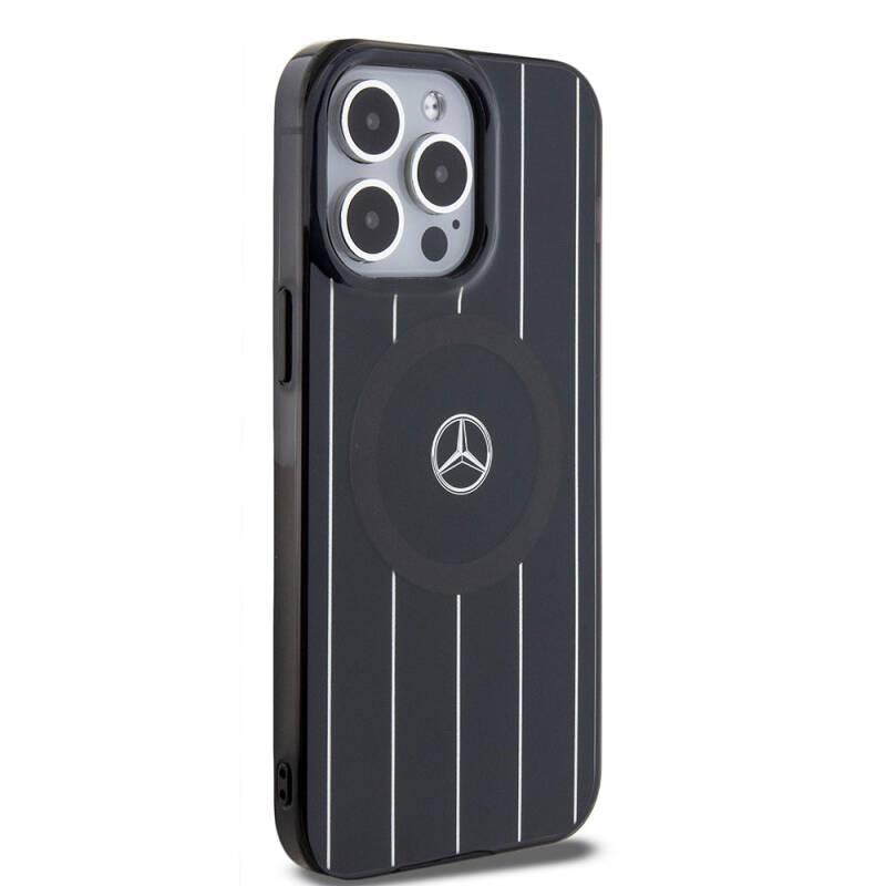 Apple iPhone 15 Pro Case Mercedes Benz Original Licensed Magsafe Double Layer Parallel Line Patterned Charge Cover - 13