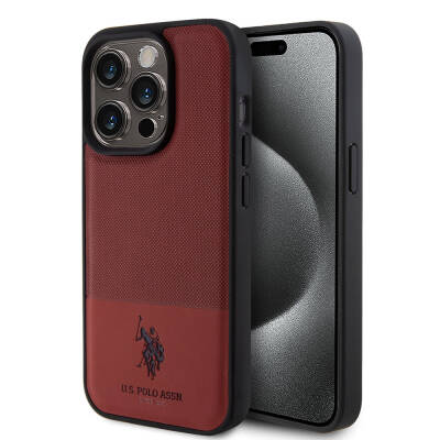 Apple iPhone 15 Pro Case U.S. Polo Assn. Original Licensed Faux Leather Back Surface Printing Logo Knitted Patterned Cover - 1