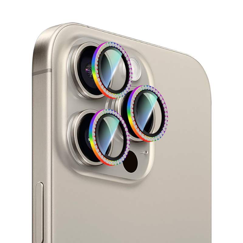 Apple iPhone 15 Pro CaseWorld Alloy Sparkling Diamond Series Stone Lens Protector - 10