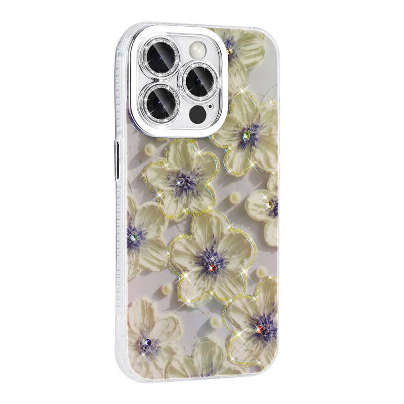 Apple iPhone 15 Pro Kılıf Çiçek Desenli Parlak Taşlı Sert Silikon Zore Garden Kapak - 15