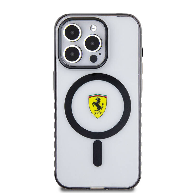 Apple iPhone 15 Pro Kılıf Ferrari Orjinal Lisanslı Magsafe Şarj Özellikli Tırtıklı Kenar Tasarımlı Ortalanmış Logo Kapak - 12