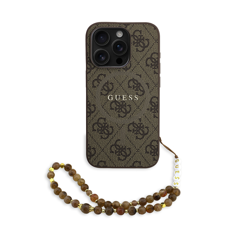 Apple iPhone 15 Pro Kılıf Guess Orjinal Lisanslı M-safe Şarj Özellikli PU Deri Bilek Askı İpli Yazı Logolu Kapak - 1